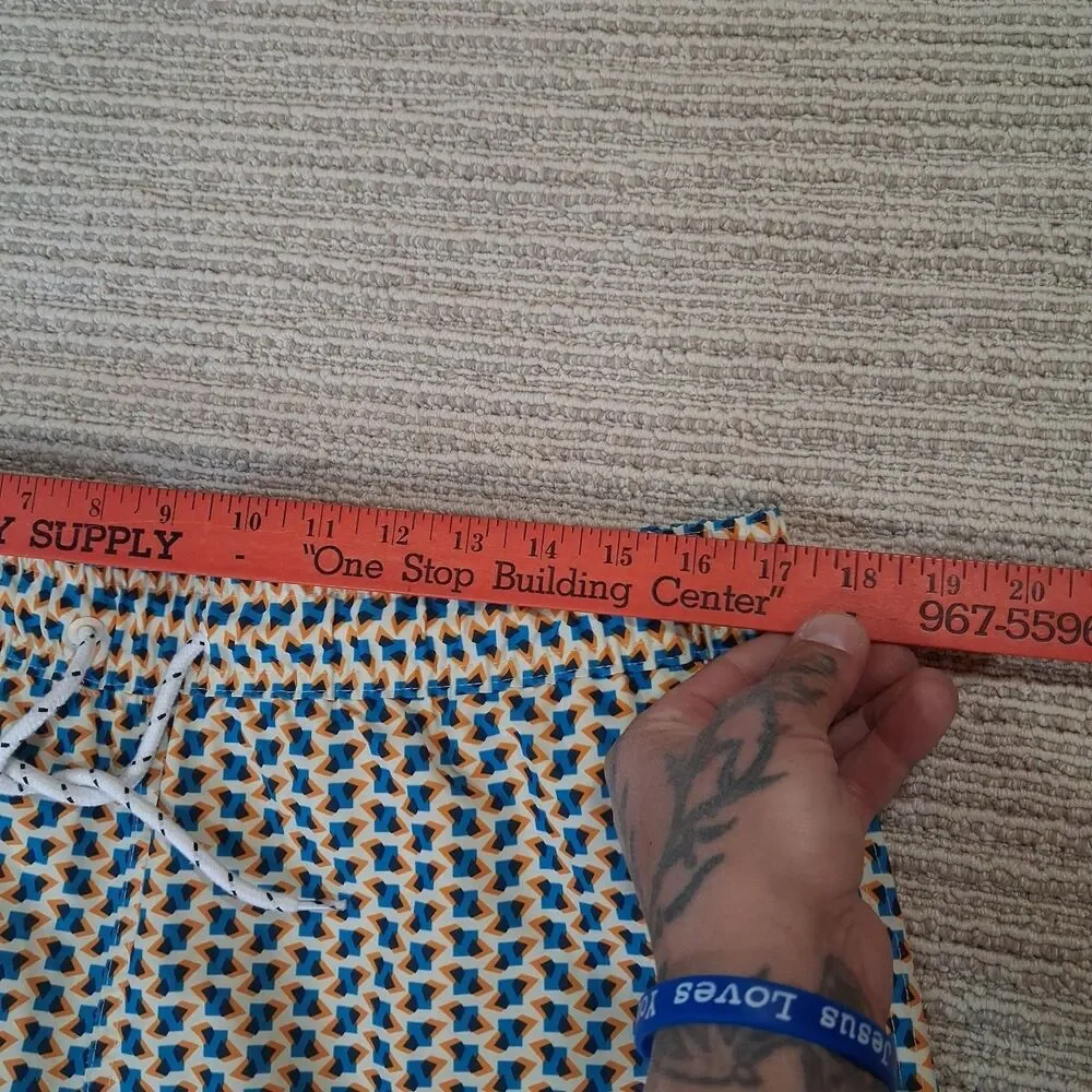 George Mens Swim Trunks L 36 38 Blue Orange Geometric Shorts Mesh Liner Quick...